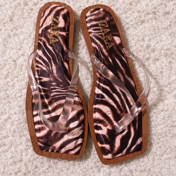 ZARA Zebra Print Flip Flop Sandals Clear Strap Thong Slides Size 41 / US 10 - Picture 2 of 6